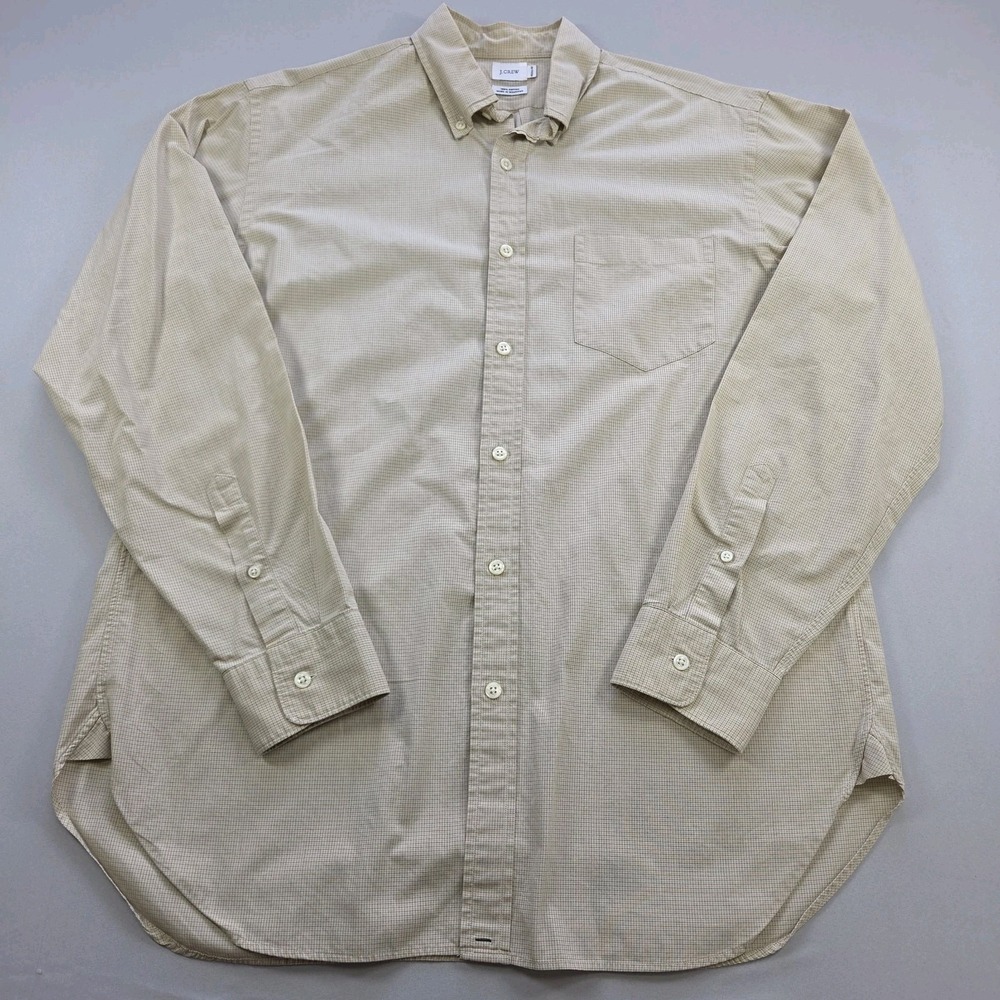 J Crew Shirt Men Medium Beige Cotton  Check Button Up Casual Preppy